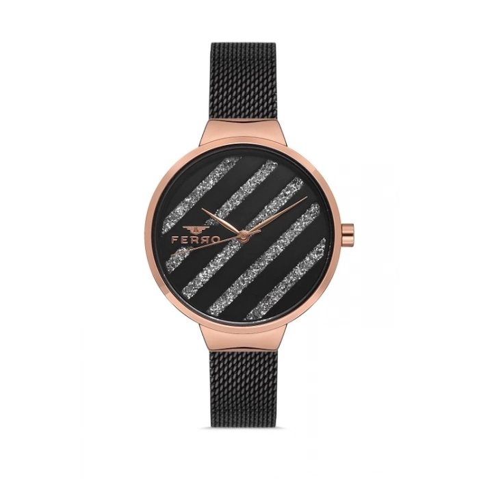 Ferro Siyah Hasır Kordon Kadın Kol Saati F21153C-R 3ATM Su Geçirmez 2 Yıl Garantili HediyePaketli