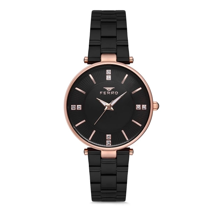 Ferro Siyah Hasır Kordon Kadın Kol Saati F2992A-1120-R 3ATM Su Geçirmez 2 Yıl Garantili