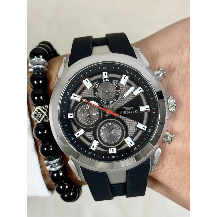 Ferro Siyah Silikon Kordon Erkek Kol Saati FM31402D-J4 Tüm Fonksiyonlar Aktif 3 ATM Su Geçirmez