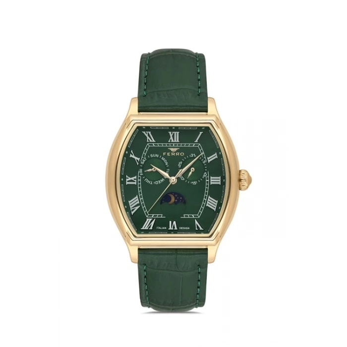 Ferro Yeşil Deri Kordon Erkek Kol Saati FM40125B-N10 Tüm Fonksiyonlar Aktif 3 ATM Su Geçirmez