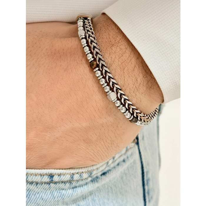 Gümüş ve Kahverengi Çelik Erkek Bileklik FRJ10114A-E 2 Yıl Garantili Hediye Paketli