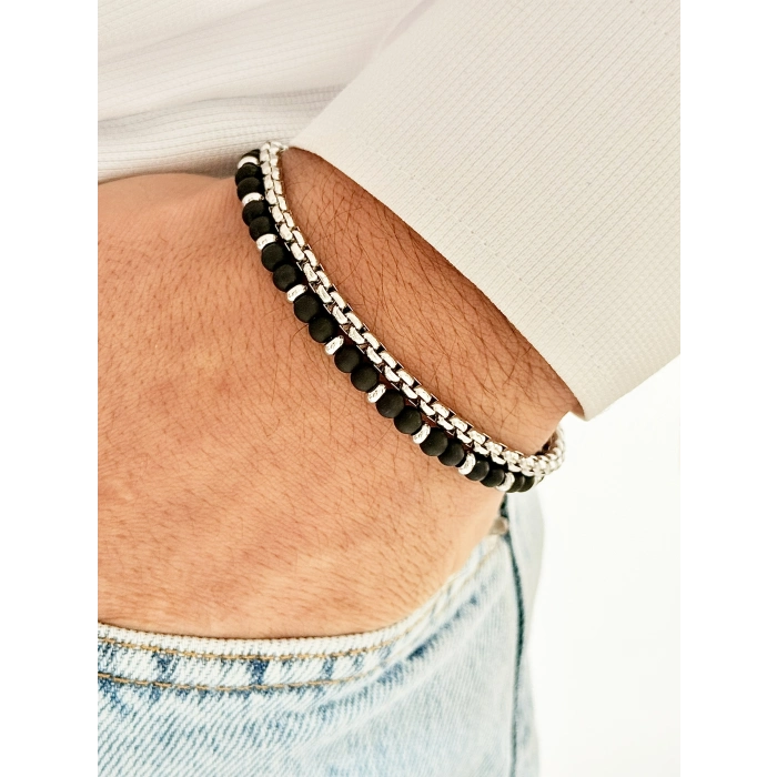 Gümüş ve Lacivert Çelik Erkek Bileklik FRJ10113A-L 2 Yıl Garantili Hediye Paketli