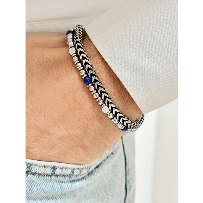 Gümüş ve Lacivert Çelik Erkek Bileklik FRJ10114A-L 2 Yıl Garantili Hediye Paketli