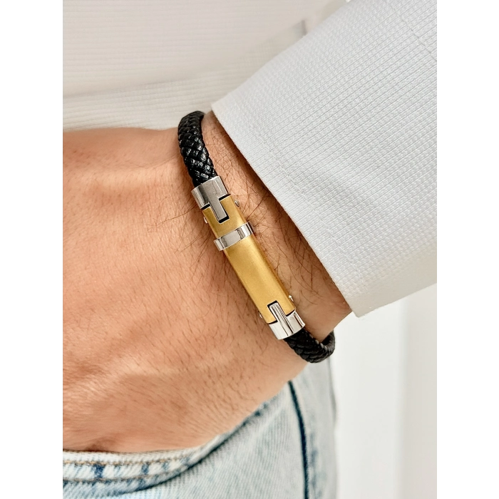 Gümüş ve Sarı Çelik ve Deri Erkek Bileklik FRJ10152A-D 2 Yıl Garantili Hediye Paketli