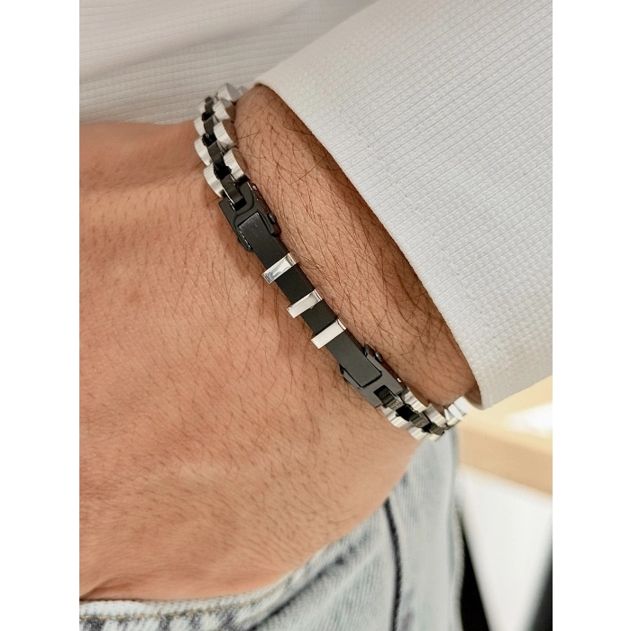 Gümüş ve Siyah Çelik Erkek Bileklik FRJ10125A-J 2 Yıl Garantili Hediye Paketli
