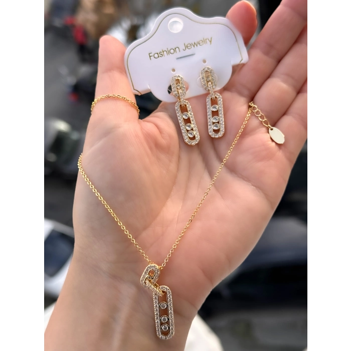 Sarı Çelik Kadın Küpe ve Kolye Set FRJW10008A-B 2 Yıl Garantili Hediye Paketli