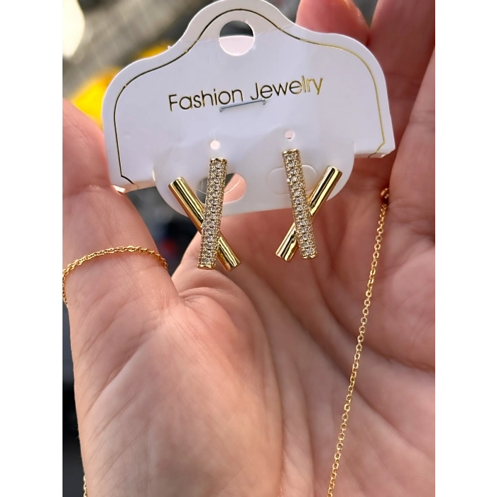 Sarı Çelik Kadın Küpe ve Kolye Set FRJW10010A-B 2 Yıl Garantili Hediye Paketli