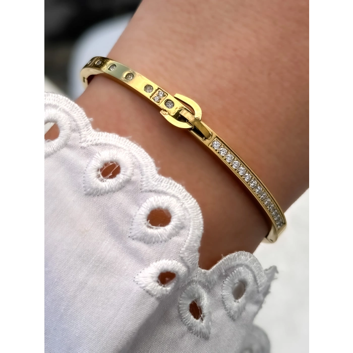 Sarı Çelik Kelepçe Kordon Kristal Taşlı Kadın Bileklik FRJW10014A-B 2 Yıl Garantili Hediye Paketli