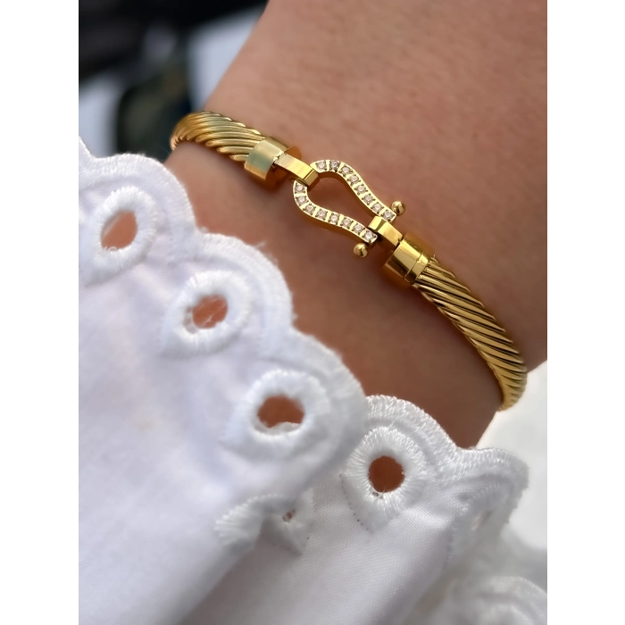 Sarı Çelik Kelepçe Kordon Kristal Taşlı Kadın Bileklik FRJW100205-B 2 Yıl Garantili Hediye Paketli