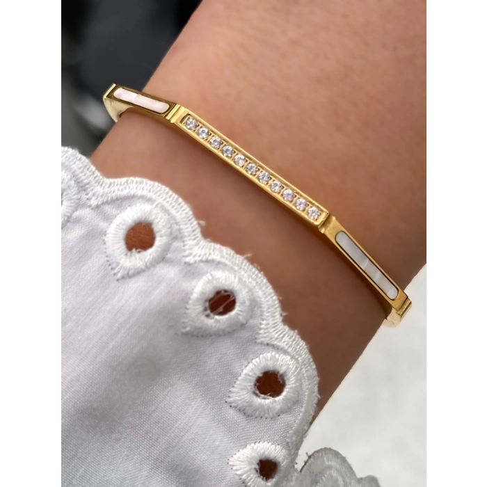 Sarı Çelik Kelepçe Kordon Kristal Taşlı Kadın Bileklik FRJW10023A-B 2 Yıl Garantili Hediye Paketli