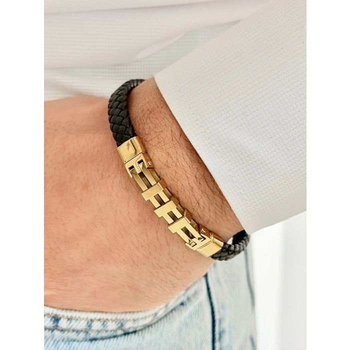 Sarı ve Siyah Çelik ve Deri Erkek Bileklik FRJ10150B-A 2 Yıl Garantili Hediye Paketli