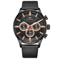 Ferro Siyah Deri Kordon Erkek Kol Saati FM11180B-G Fonksiyonları Aktif 3ATM SuGeçirmez HediyePaketli