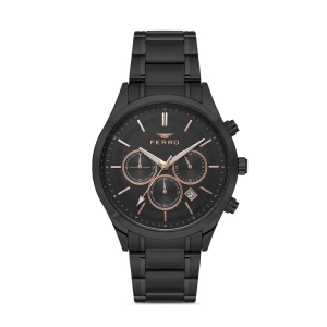 Ferro Siyah Çelik Kordon Erkek Kol Saati FM31371A-G Tüm Fonksiyonlar Aktif 3 ATM Su Geçirmez