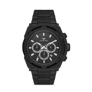 Ferro Siyah Çelik Kordon Erkek Kol Saati FM31397A-G Tüm Fonksiyonlar Aktif 3 ATM Su Geçirmez
