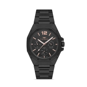 Ferro Siyah Çelik Kordon Erkek Kol Saati FM40127A-G Tüm Fonksiyonlar Aktif 3 ATM Su Geçirmez