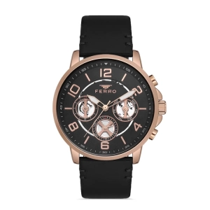 Ferro Siyah Deri Kordon Erkek Kol Saati FM11146B-R Fonksiyonları Aktif 3ATM SuGeçirmez HediyePaketli