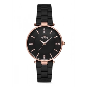 Ferro Siyah Hasır Kordon Kadın Kol Saati F2992A-1120-R 3ATM Su Geçirmez 2 Yıl Garantili