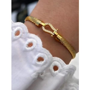 Sarı Çelik Kelepçe Kordon Kristal Taşlı Kadın Bileklik FRJW100205-B 2 Yıl Garantili Hediye Paketli