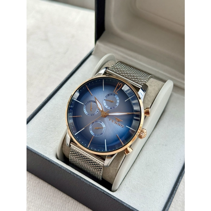 Ferro Gümüş Hasır Kordon Erkek Kol Saati FM11039C-E3 Fonksiyonları Aktif 3ATM SuGeçirmez HediyePaket