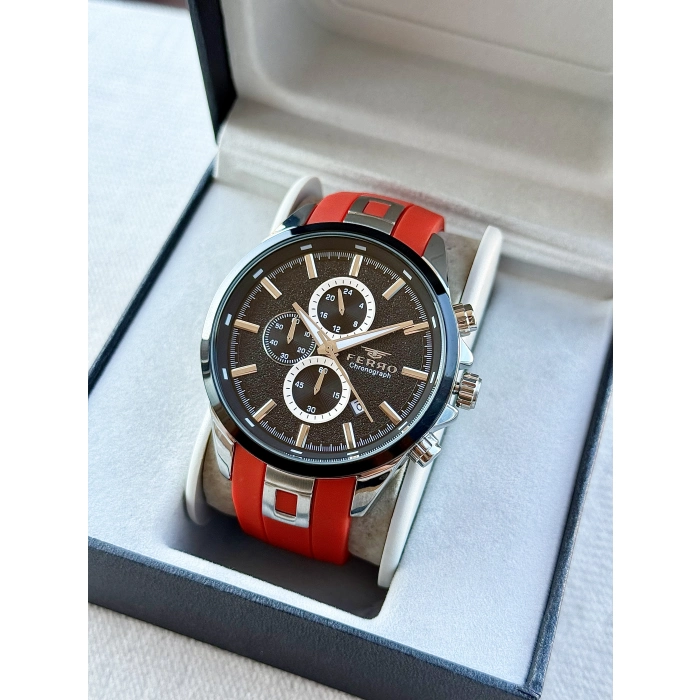 Ferro Kırmızı Silikon Kordon Erkek Kol Saati FM31380D-J2 Tüm Fonksiyonlar Aktif 3 ATM Su Geçirmez