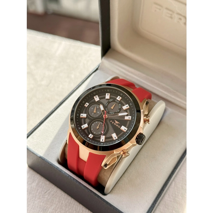 Ferro Kırmızı Silikon Kordon Erkek Kol Saati FM31402D-R4 Tüm Fonksiyonlar Aktif 3 ATM Su Geçirmez