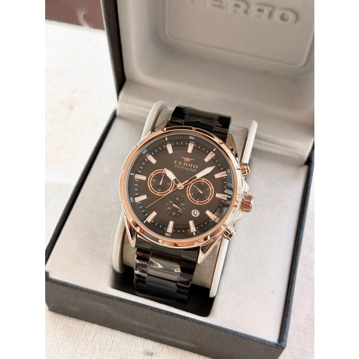 Ferro Siyah Çelik Kordon Erkek Kol Saati FM31291A-R Tüm Fonksiyonları Aktif 3 ATM Su Geçirmez