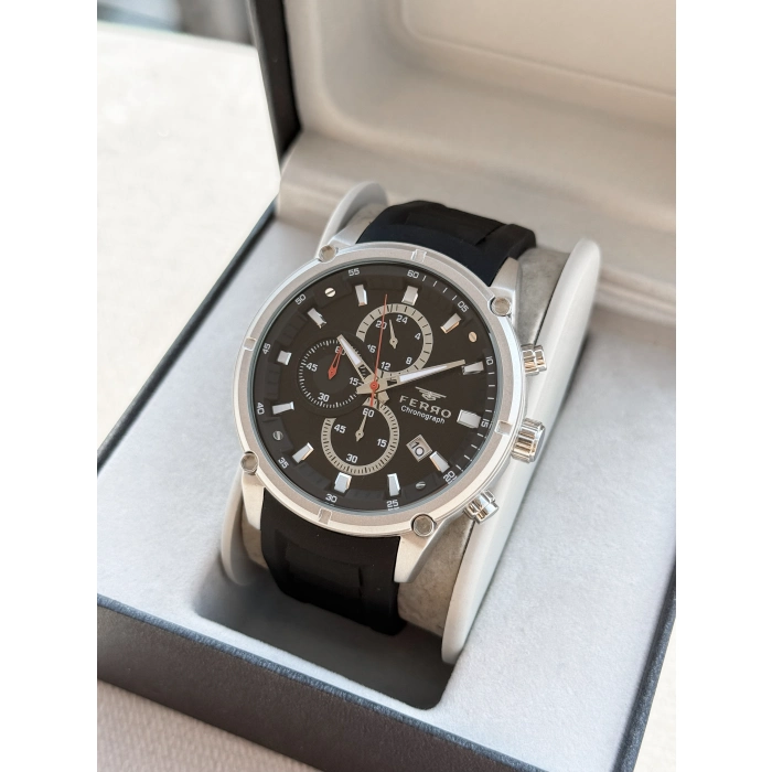 Ferro Siyah Silikon Kordon Erkek Kol Saati FM31363D-J2 Tüm Fonksiyonlar Aktif 3 ATM Su Geçirmez