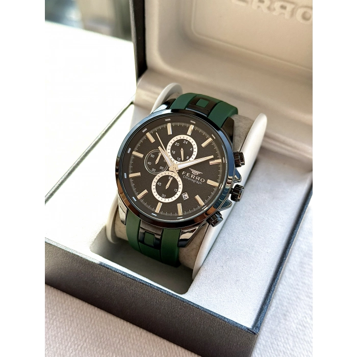 Ferro Yeşil Silikon Kordon Erkek Kol Saati FM31380D-ZF2 Tüm Fonksiyonlar Aktif 3 ATM Su Geçirmez