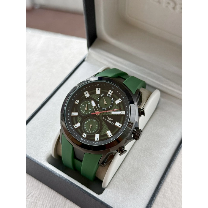Ferro Yeşil Silikon Kordon Erkek Kol Saati FM31402D-ZQ6 Tüm Fonksiyonlar Aktif 3 ATM Su Geçirmez