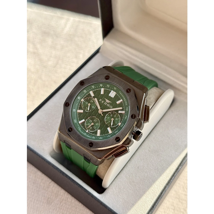 Ferro Yeşil Silikon Kordon Erkek Kol Saati FM43001D-ZJ Tüm Fonksiyonlar Aktif 3 ATM Su Geçirmez
