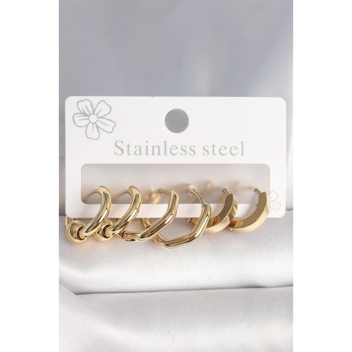 316L Çelik Gold Renk Altıgen Halka Model Kadın Küpe Seti