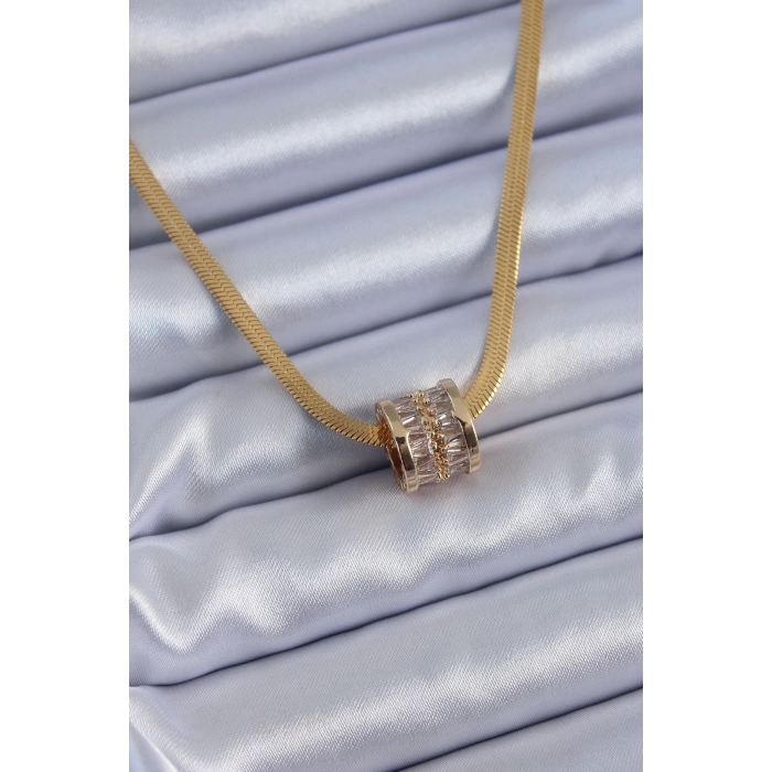 316L Çelik Gold Renk İtalyan Zincir Model Zirkon Taşlı Kadın Kolye