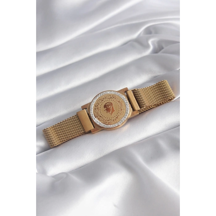 316L Çelik Gold Renk Mıknatıslı Hasır Zirkon Taşlı Çeyrek Altın Model Kadın Bileklik