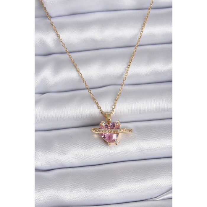 316L Çelik Gold Renk Zincir Pembe Kristal Kalp Model Zirkon Taş Detay Kadın Kolye