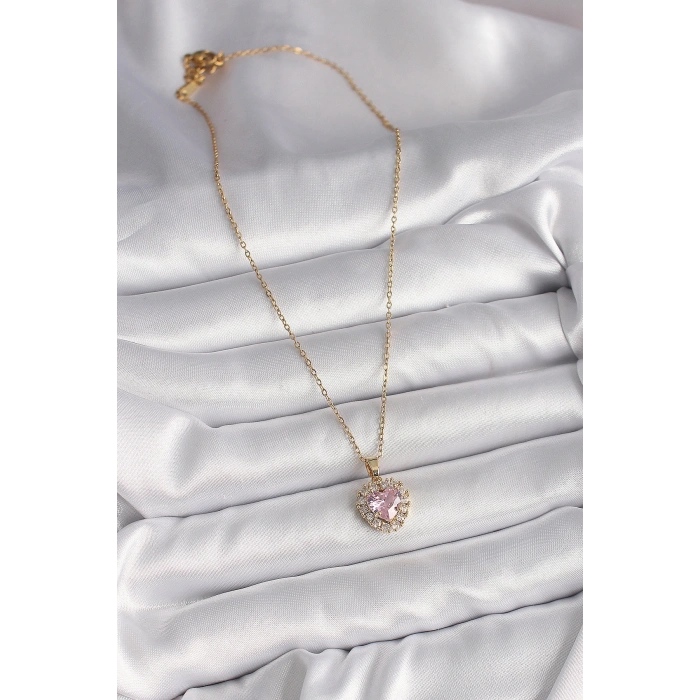 316L Çelik Gold Renk Zincir Pembe Zirkon Taşlı Kalp Model Kadın Kolye