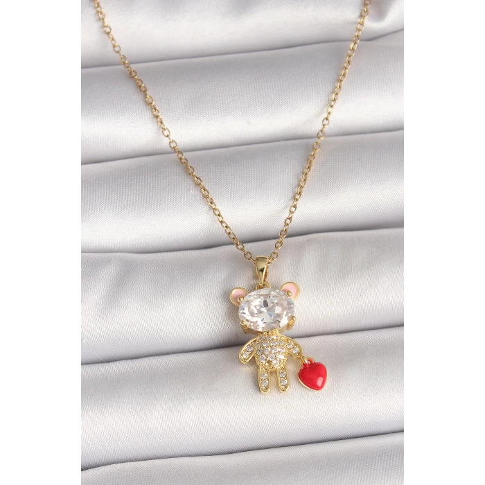 316L Çelik Gold Renk Zincir Zirkon Taşlı Ayıcık Model Kırmızı Kalp Detay Kadın Kolye