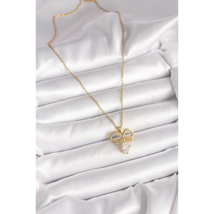 316L Çelik Gold Renk Zincir Zirkon Taşlı Kurdele Model Kadın Kolye