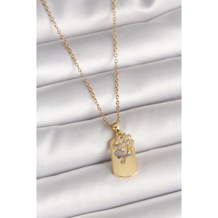 316L Çelik Gold Renk Zincir Zirkon Taşlı Yonca Model Kadın Kolye