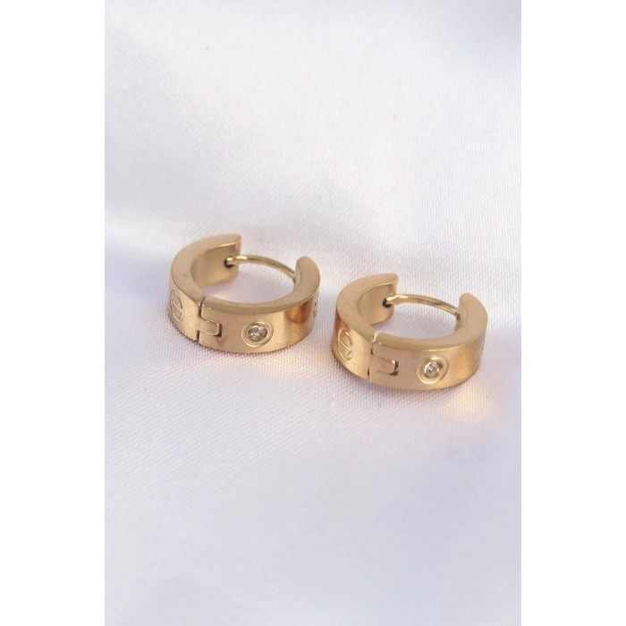 316L Çelik Gold Renk Zirkon Taşlı Minimal Model Halka Küpe
