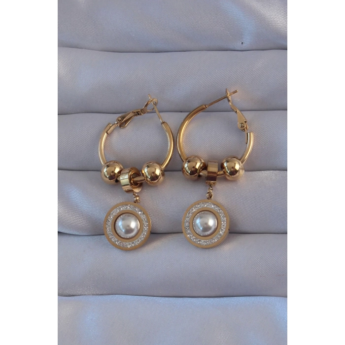 316L Çelik Gold Renk Zirkon ve İnci Taşlı Model Halka Küpe