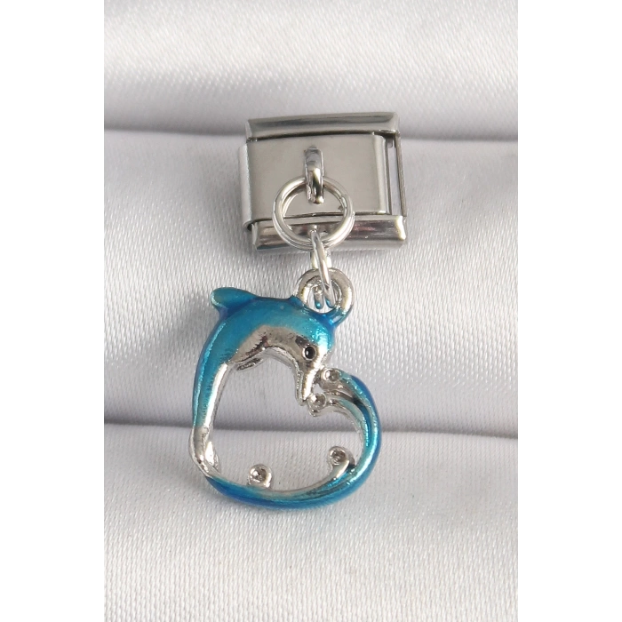 316L Çelik Gümüş Renk Mavi Yunus Model Nomination Charm