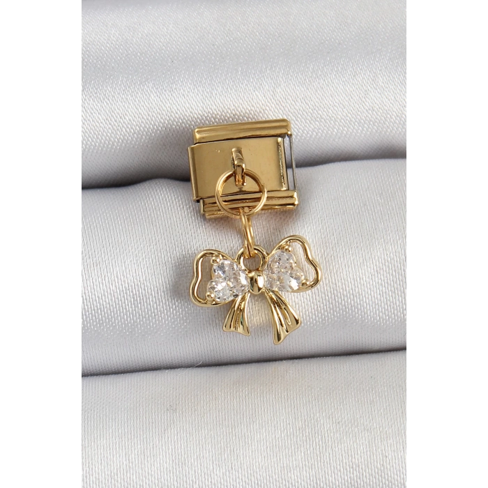 316L Çelik Sallantılı Zirkon Taşlı Fiyonk Model Gold Renk Nomination Charm