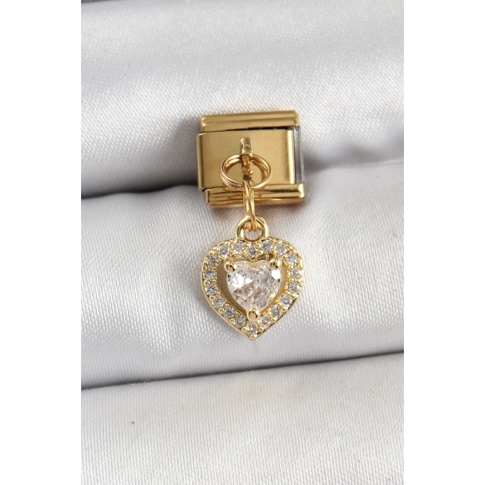 316L Çelik Sallantılı Zirkon Taşlı Kalp Model Gold Renk Nomination Charm