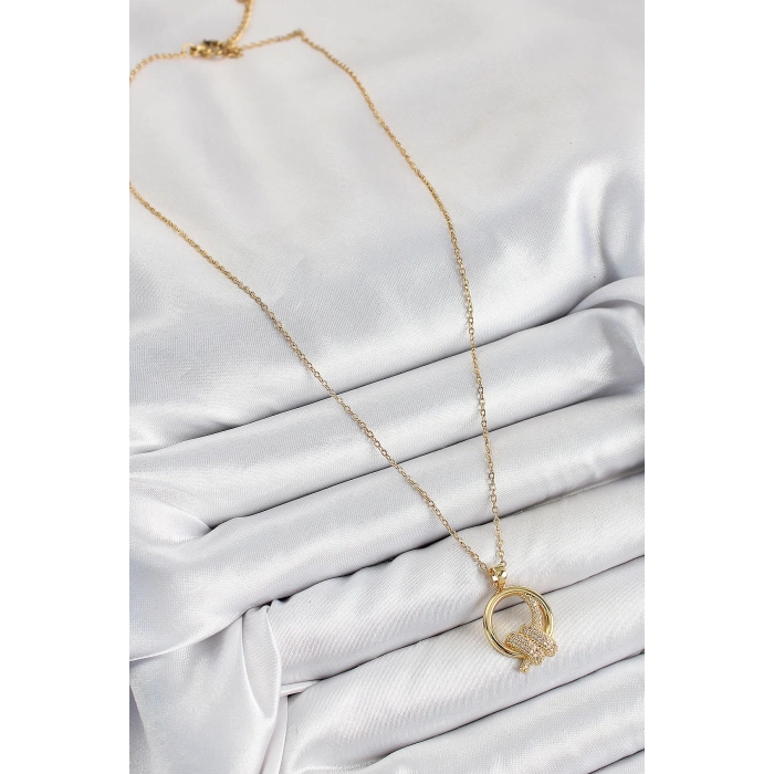 316L Çelik Zirkon Taşlı Düğüm Model Gold Renk Kadın Kolye
