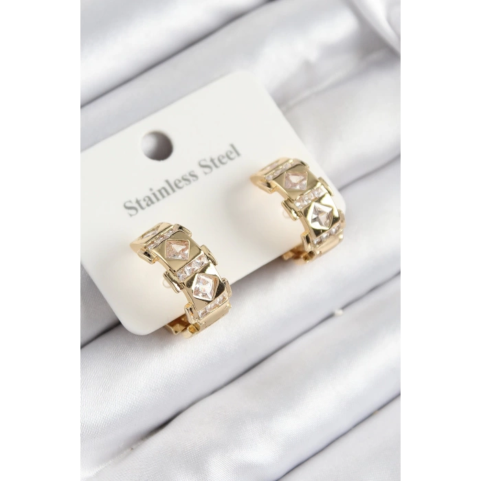 316L Çelik Zirkon Taşlı Halka Model Gold Renk Kadın Küpe