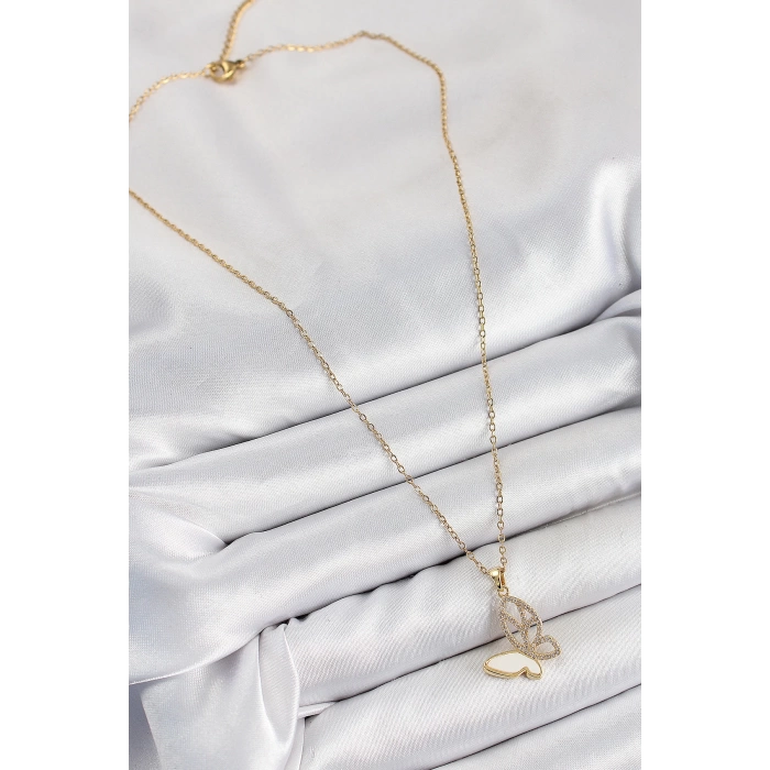 316L Çelik Zirkon Taşlı Kelebek Model Gold Renk Kadın Kolye