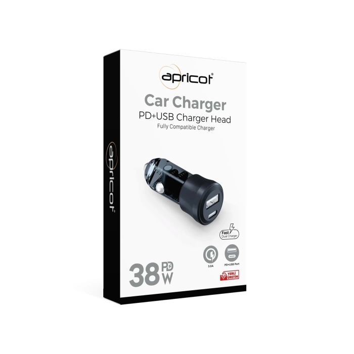 Apricot Araç Şarj Cihazı 2 Port 38W PD + USB Apricot APC-CC38 Siyah