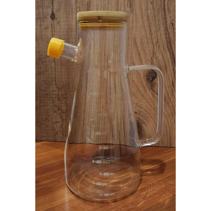 Borosilikat Damlatmaz Bambu Kapaklı Cam Yağlık 900ml