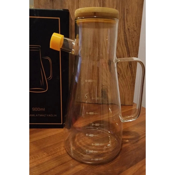 Borosilikat Damlatmaz Bambu Kapaklı Cam Yağlık 900ml