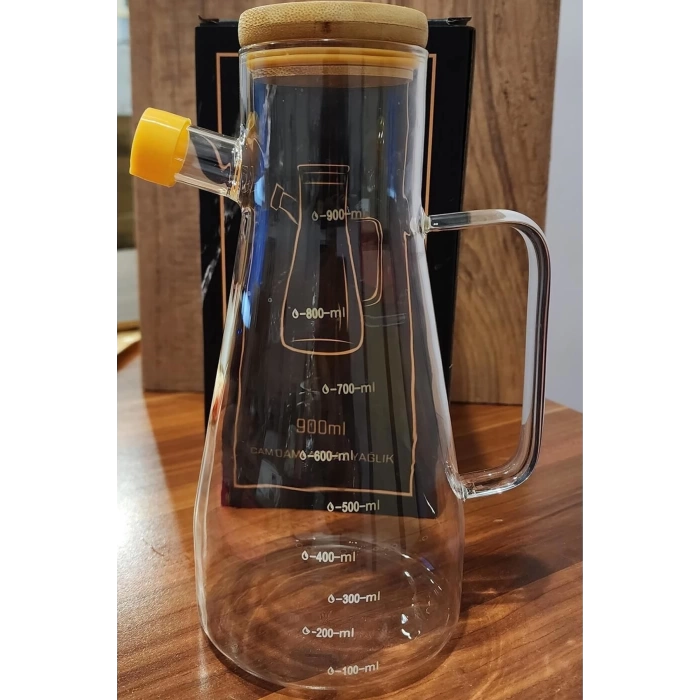 Borosilikat Damlatmaz Bambu Kapaklı Cam Yağlık 900ml